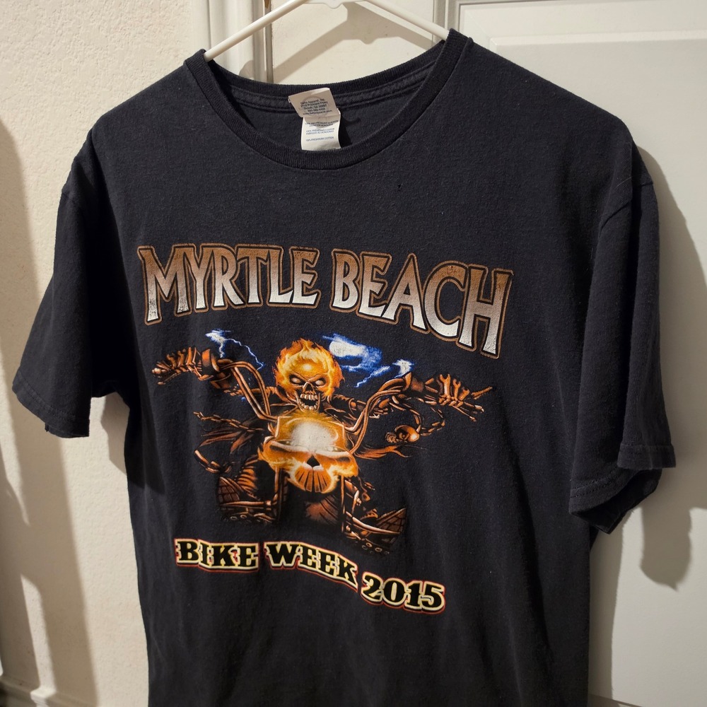 Delta Pro Weight Myrtle Beach Bike Week 2015 Flaming Skull Graphic T-Shirt Men L